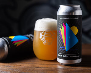 Can and pour of Mast Landing neon sails ipa